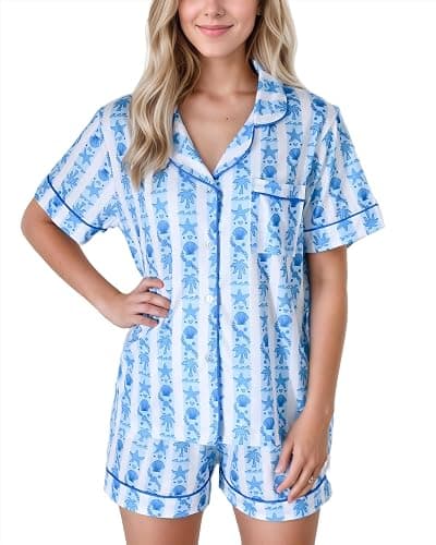 GZDINH Women's 2-Piece Pajama Set Palm and starfish Print Sleepwear Breathable Short Sleeve for Birthday Gift - Image 1