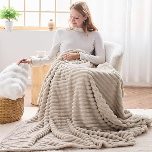 NEWCOSPLAY Super Soft Twin Blanket Linen Premium Silky Flannel Fleece 3D Ribbed Jacquard Lightweight Bed Blanket All Season Use (Linen Ribbed, Twin(60"x80")) thumbnail 2