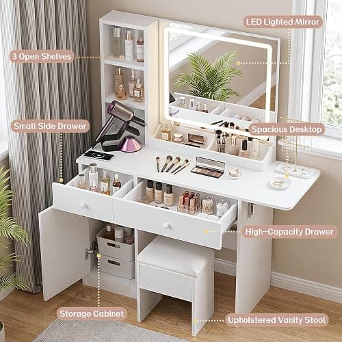 Haewon Vanity Desk Set with Lighted Mirror and Chair, White | Makeup Table with 3 Color Lighting Modes, Charging Station, Storage Cabinet and Drawers for Bedroom thumbnail 3
