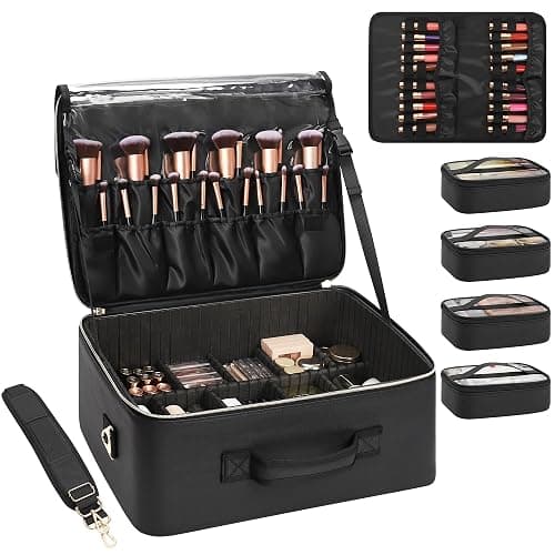 Relavel Extra Large Makeup Bag,Professional Makeup Train Case for Makeup Artists,Travel Cosmetic Organizer Box with 4 Small Portaleb Case Bag&Brush/Lipstick Plate,Adjustable Compartments Dividers thumbnail 7