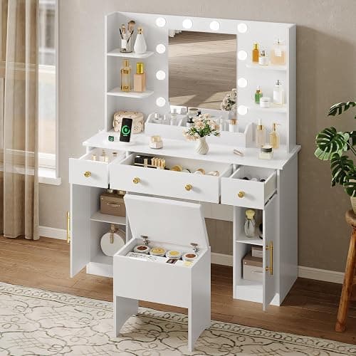 HUANLEGO Vanity Desk with Mirror and Lights, Makeup Vanity with Charging Station & Vanity Stool, 3 Drawers and Cabinets White Vanity Mirror with RGB LED Lights Vanity Desk and Chair for Women thumbnail 3