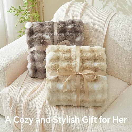 BEDELITE Faux Fur Throw Blanket for Couch, Decorative Tie-Dye Khaki Plush Bubble Blanket - Super Soft & Cozy Fluffy Faux Rabbit Fur Blanket for Women Gift, 60x80 Inches thumbnail 4