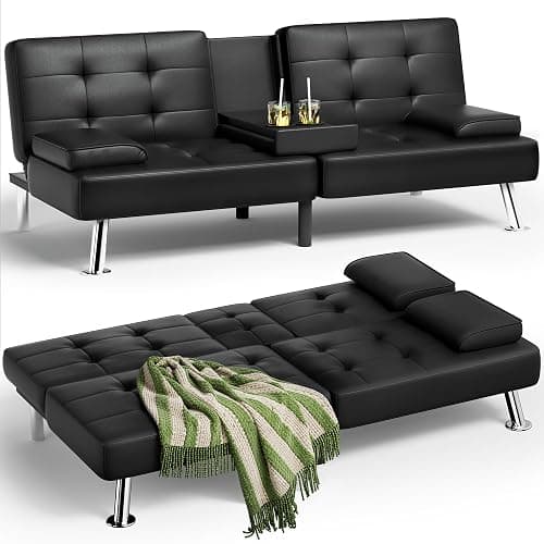 OKWF Futon Sofa Bed, Leather Futon Couch with Removable Armrests, Adjustable Recliner Sleeper Sofa Bed with Dual Cup Holders for Living Room, Apartment, Office (Black), 30.7 x 65 x 28 - Image 1