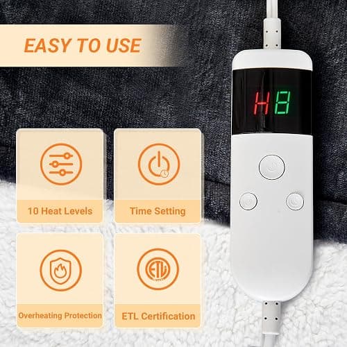 Electric Blanket Heated Queen, Soft Flannel 84"x90" Heating Blanket with 8 Hours Auto Off 10 Fast Heating Levels Machine Washable Sherpa Heated Blanket with Overheating Protection thumbnail 3