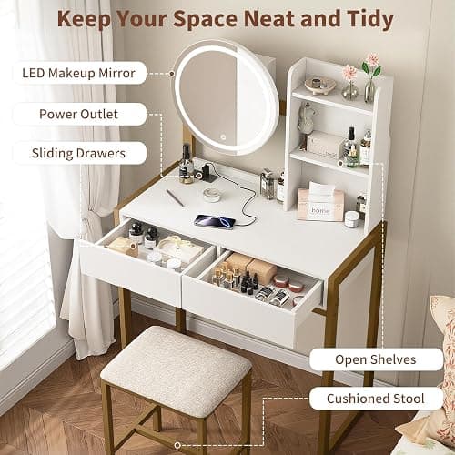 Small Vanity Desk with Mirror and Lights, Makeup Vanity Table with LED Mirror, 3 Lighting Modes, Power Outlet, Drawer, Open Shelves and Cushioned Stool for Bedroom (Gold) thumbnail 5
