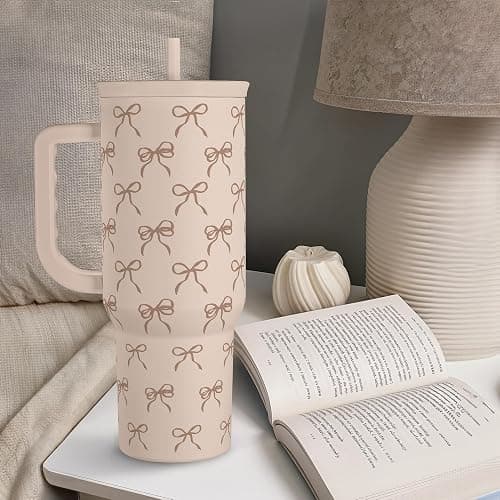 Bow Tumbler with Handle and Straw 40oz – Stainless Sleel Slider Tumbler Travel Coffee Mug for Women - Gift Idea for Birthday Christmas thumbnail 7