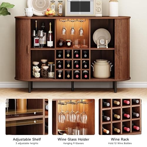 ONBRILL 55" Wine Bar Cabinet with LED Light,Modern Liquor Whiskey Coffee Station with Wine Rack and Glass Holder, Farmhouse Buffet Sideboard with Storage for Living Room, Kitchen, Entryway (Walnut) thumbnail 4