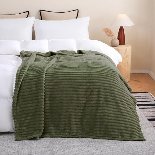 Linecooo Olive Green Fleece Throw Blanket 50”×60” for Couch Sofa Bed,Super Soft Cozy Plush Microfiber Flannel Blanket with Stripes Design Lightweight for Adults,Woman,Girls thumbnail 4