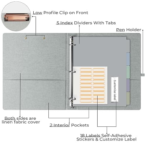 EYROZILL 3 Ring Binder, 1 Inch Linen Binder Organizer for Letter Size (8.5" x 11") with 5 Tab Dividers, File Folder Labels and Low Profile Clipboards, School and Office Supplies-Light Grey thumbnail 4