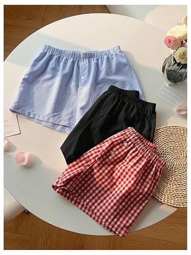 MakeMeChic Women's 3 Pack Linen Shorts Gingham Striped Beach Shorts | Summer, Plaid, Cover Up Shorts thumbnail 2