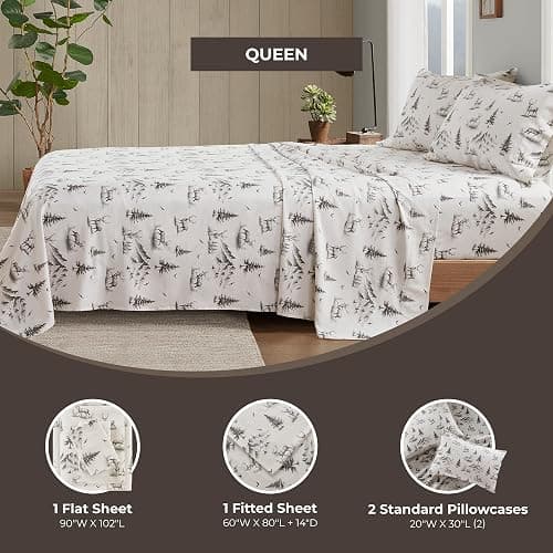Woolrich Cotton Sheet Set Cottage Charms Print, 100% Cotton Flannel Sheets Warm & Fuzzy Bedding Set Queen Size Sheets, Fitted Pocket Fits Up to 14" Mattress, Queen Gray Deer Toile 4 Piece thumbnail 5
