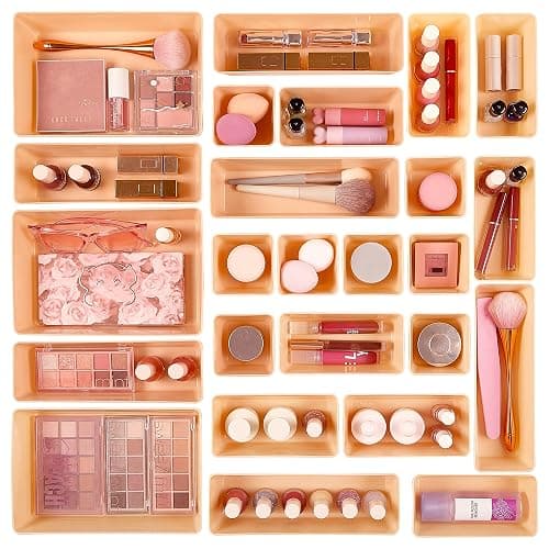 Vtopmart 25 PCS Plastic Drawer Organizers Set, 4-Size Versatile Bathroom and Vanity Drawer Organizer Trays, Storage Bins for Makeup, Bedroom, Kitchen Gadgets Utensils and Office - Image 1