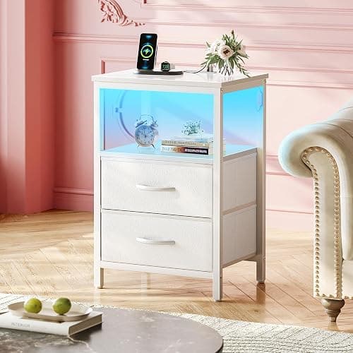 Huuger Night Stand with Charger Station and LED Lights, 2 Drawer Nightstand, Bed Side Table with Open Shelf, End Table, Fabric Dresser for Bedroom, PU Leather, White thumbnail 2