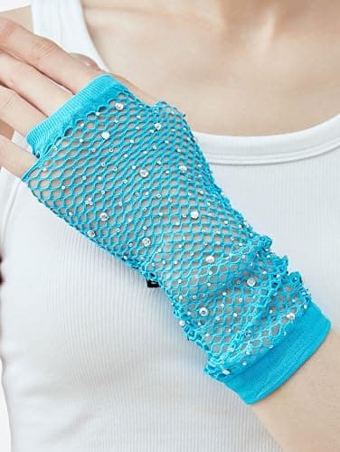 OTPEH Women Fishnet Rhinestone Gloves Fingerless Fish Net Arm Sleeve Warmers 80s Emo Scene Accessories thumbnail 5