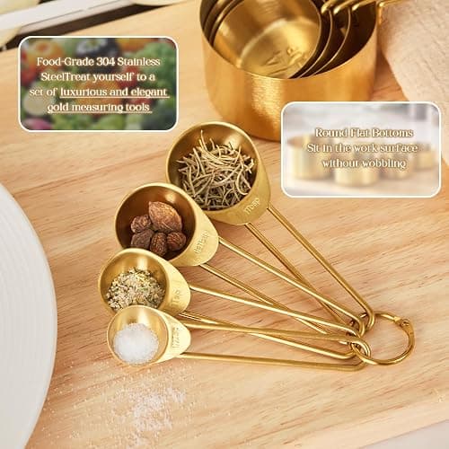 Golden 304 Stainless Steel Measuring Cups and Spoons Set,8PCS Stackable & Long Handle Fits Narrow Jars, Premium Gold Kitchen Accessories for Liquid & Dry Ingredients Baking Cooking, Durable&Rust-Proof thumbnail 2