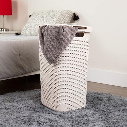 Mind Reader Slim Laundry Hamper with Lid, 60L Tall Clothes Basket, Narrow Tapered Design for Bathrooms, Closets and Laundry Rooms, Plastic, 2 Pack, Ivory thumbnail 2