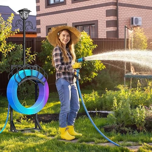 New Upgraded 3-in-1 Garden Hose Holder with Solar Light & Shepherds Hooks | Stores 160" Hose, Freestanding with Double Hooks for Hanging Decor - Perfect for Outdoor Yard, Lawn & Patio at Night thumbnail 2