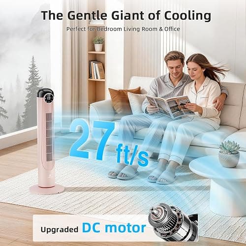Antarctic Star T36 Tower Fan, 36 Inch DC Brushless Motor Bladeless Oscillating Fan with Remote, 6 Speeds & 4 Modes,LED Display, 9H Timer, Quiet Floor Standing Fan for Bedroom Living Room Office, Pink thumbnail 3