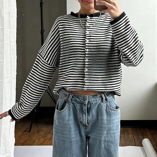 Women Knit Cardigan Sweaters Long Sleeve Button Down Loose Top | Striped Cardigans Women Casual Knitted Oversized Sweaters Y2k Vintage Jumper Knitwear Shirt Outwear Going out Top Streetwear thumbnail 3