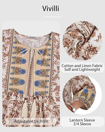 Vivilli Womens Summer Boho Babydoll Tops 3/4 Sleeve Pleated Peplum Blouses Casual V Neck Tie Front Fall Tunic Tops thumbnail 6