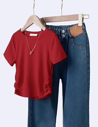 Arshiner Girls Shirts Side Ruched Short Sleeve Crewneck Fitted Tops Casual Summer Soft Tee Clothes 5-12 Years thumbnail 4