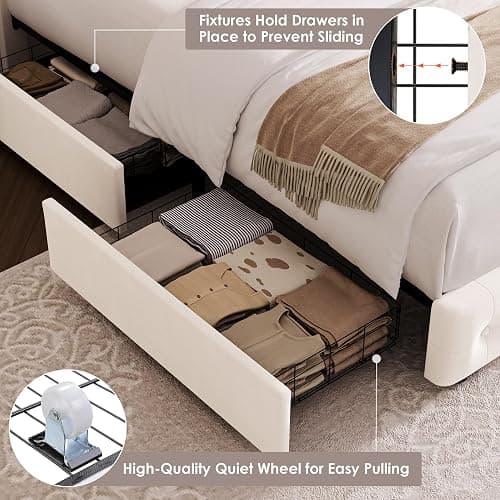 HIFIT Upholstered Full Size LED Bed Frame with Charging Station and 4 Large Storage Drawer, Velvet Button Tufted Full Platform Bed with Adjustable Headboard, No Box Spring Needed, Easy Assembly, Beige - Full thumbnail 6