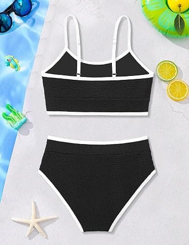 TALLWH Girls Swimsuit Two Piece Scoop Neck Solid Color Bikini Set Adjustable Strap High Waist Bathing Suit for Girls 9-16Y thumbnail 5