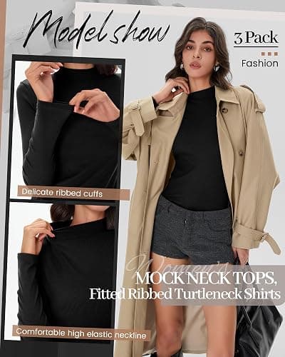 Xaatren 3 Pack Women's Mock Turtleneck Tops Ribbed Long Sleeve Shirts Mock Neck Slim Fit Undershirt Casual Basic Layering Tee thumbnail 6