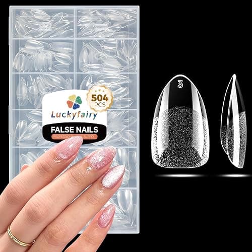 Luckyfairy Short Almond Nail Tips: 504pcs Pre-Etched Soft Gel Nail Tips, Tri-Layer Core Short Fake Nails, 12 Sizes Half Matte Full Cover Clear Press on Nails Extension DIY for Flat & Natural Nail Beds - Image 1