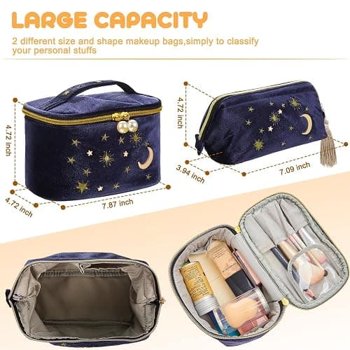 Patelai 2 Pcs Velvet Makeup Bag Moon Stars Cosmetic Bags Goth Embroidered Makeup Pouch Portable Travel Starry Pouch Toiletry Wash Bags Cute Storage Clutch Handbags for Women Gifts(Navy Blue) thumbnail 3