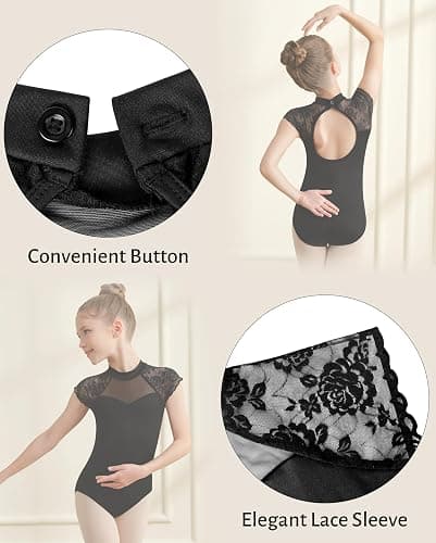 Tegmk Girls Turtleneck Dance Leotard for Ballet, Lace Neckline, Full Front Lining, Hollow Back thumbnail 5