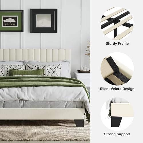 AILUNWALL Queen Size Bed Frame, Velvet Upholstered Platform Bed with Adjustable Tufted Headboard, Sturdy Frame and Slats, Noiseless, No Box Spring Required, Easy to Assemble, Beige thumbnail 5