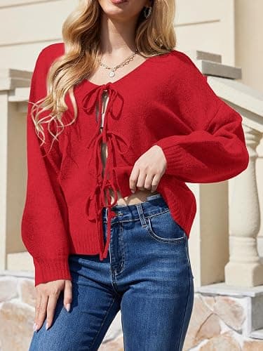 UNCLECAT Womens Bow Tie Front Cardigan Sweaters Oversized Fall Open Front Cardigans Cute Loose Knit Tops thumbnail 2
