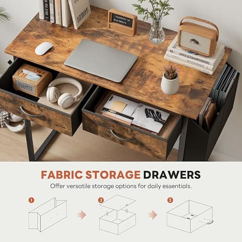 DUMOS 32" Home Office Computer Desk with Drawers, Small Gaming Writing Study Table with Storage Side Bag, Headphone Hook and Adjustable Feet for Bedroom Rustic Brown thumbnail 6