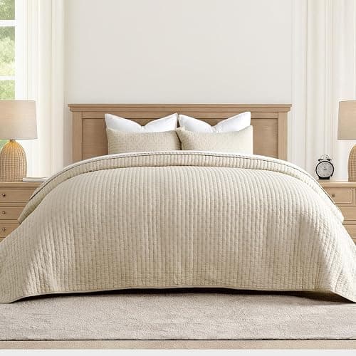 EVERGRACEHOME Cross Stitch Pre-Washed Cotton Quilt Bedding Set King Size, Oversized 3 Pieces Lightweight Bedspread Coverlet for All Season, with 2 Matching Shams, Flax Beige,118"x106" - Image 1