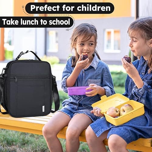 NOL Nylon Waterproof Kids Lunch Bag, Insulated Lunch Bag, Lunch box Cooler, Reusable, Zip Closure with Buckle Handle Holds Lunch Box, Snacks & Water Bottle for School Work,Black - Black - Vertical thumbnail 5