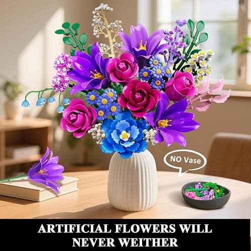 CUBIMANA Flowers Bouquet Building Set with LED Light, 21 Flower Botanical Collection Building Block Toy, Rose Lily Home Plant Decor 1054PCS for Her Adults Women Kids Girls 12+ (Purple) thumbnail 3