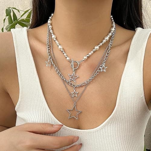 Inactwin Star Y2k Silver Necklace Grunge Layered Necklace Cute Aesthetic Stack Toggle Chain Necklaces Gothic Vintage Emo Jewelry Set for Women thumbnail 3