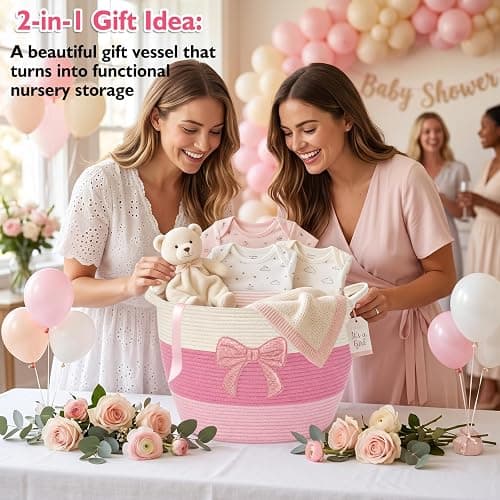 Laundry Basket Hamper for Clothes Blanket Stuffed Animal Storage Kids Pink | Blanket Storage Clothes Hamper Bow Woven Basket with Handles 55L for Girl Cute Aesthetic Room Laundry Nursery Decor Aesthetic thumbnail 7