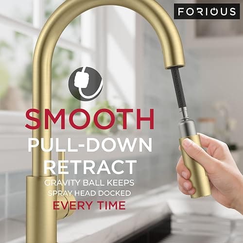FORIOUS Gold Kitchen Faucet with Pull Down Sprayer, Modern Single Hole Kitchen Sink Faucet with Soap Dispenser, Deck Plate, Single Handle, High Arc Stainless Steel for RV Bar Farmhouse Laundry thumbnail 4