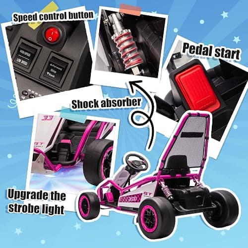 24V Electric Go Kart for Kids, Drift Kart w/Dual 200W Motors, 11 MPH, Front EVA Wheel & Metal Frame, Outdoor Ride on Toy w/Music & Lights, 2 Speed, 5 Point Harness, Crazy Cart for Ages 6-12, Pink thumbnail 5