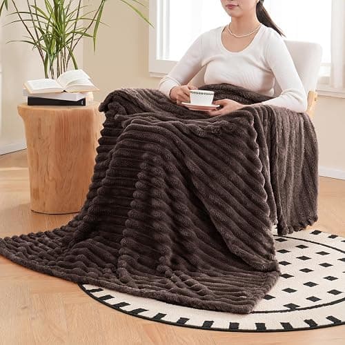 Vessia Flannel Fleece Throw Blanket for Couch,Sofa,Bed, 300GSM Striped Brown Throw Blanket for Adults and Kids, Super Soft Warm Cozy Lightweight Home Decor for All-Season(50x70inch) thumbnail 2