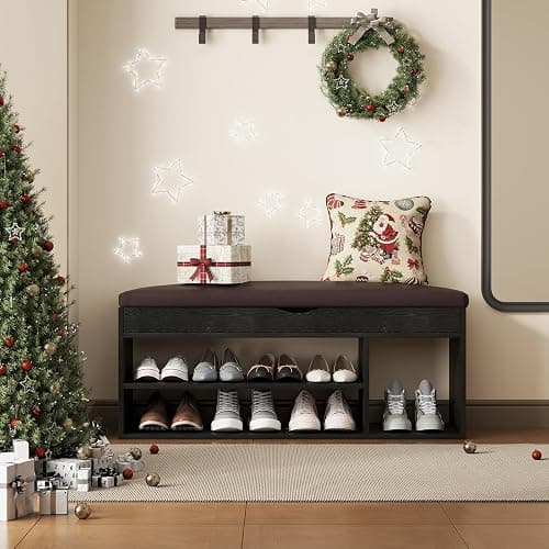 Apicizon 39 Inches Storage Bench with Padded Cushion, Shoe Bench with Storage Space, Upholstered Entryway Bench for Living Room, 2-Tier Shoe Rack Organizer, Black thumbnail 5