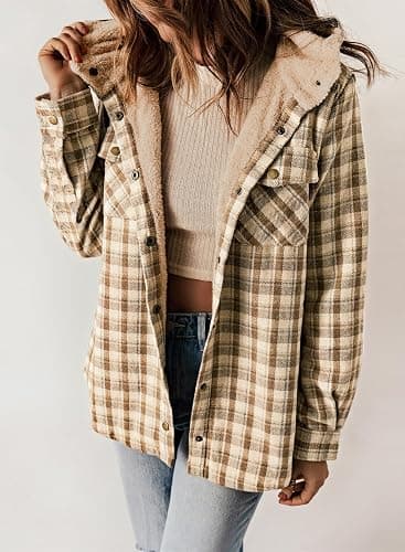Dokotoo Womens Plaid Shacket Jacket Long Sleeve Button Down Fleece Hooded Jackets Warm Coat thumbnail 2