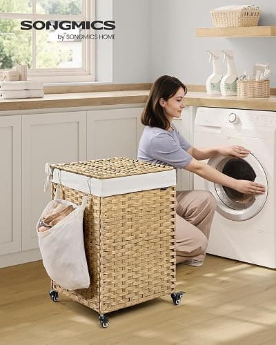 SONGMICS Laundry Hamper with Lid, 31.7 Gallons (120 L), Rolling Laundry Basket with Wheels, Synthetic Rattan, Removable Liner, Bedroom, 18.1 x 15.7 x 26 Inches, Natural Color ULCB161Y01 thumbnail 2