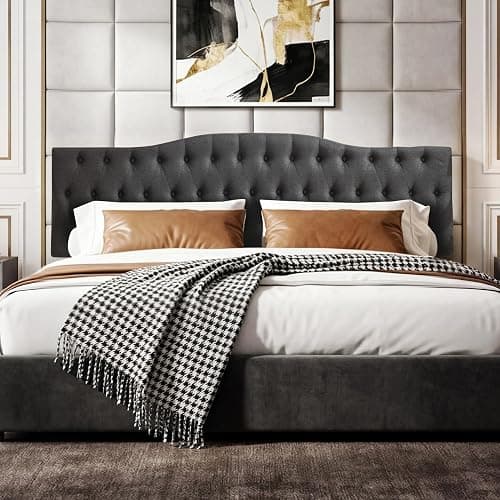 Iroomy Upholstered Queen Headboard, Button Diamond Tufted Headboard with Adjustable Height and Solid Wood Leg, Linen Padded Headboards for Queen Size Bed, Modern Head Board, Dark Grey thumbnail 3