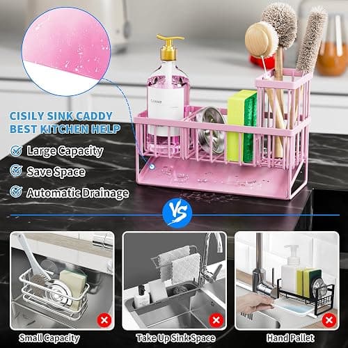 Cisily Pink Kitchen Sink Caddy Organzier with High Brush Holder, Sponge Holder for Sink, 304 Rustproof Stainless, Kitchen Countertop Soap Dispenser Organizer thumbnail 3