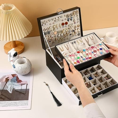 BOOVO Earring Jewelry Box For Women Girl Stud Organizer, 5 Layers Girl Jewelry Organizer Box With Lock Earring Holder Organizer Necklace Ring Jewelry Organizer Box For Girls (Black) thumbnail 2