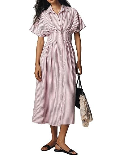 MSBESYOR Women Button Front Pleated Shirt Maxi Dress Summer Striped Prints Short Sleeve Collar Casual Long Dresses - Image 1