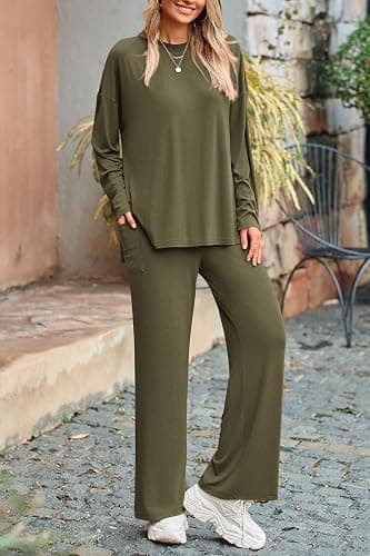 PRETTYGARDEN Women's Two Piece Lounge Sets Matching Long Sleeve Shirts Wide Leg Pants Tracksuits Travel Outfits Fall Clothes thumbnail 3